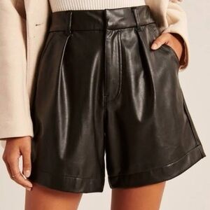 Abercrombie & Fitch Black Vegan  Faux Leather Pleated High-Rise Shorts